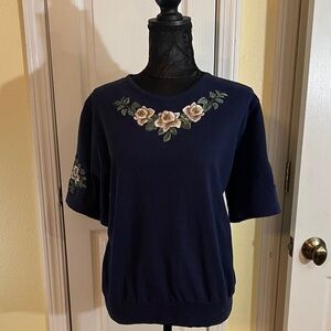 Bon Worth Dark Blue Floral Embroidered Top